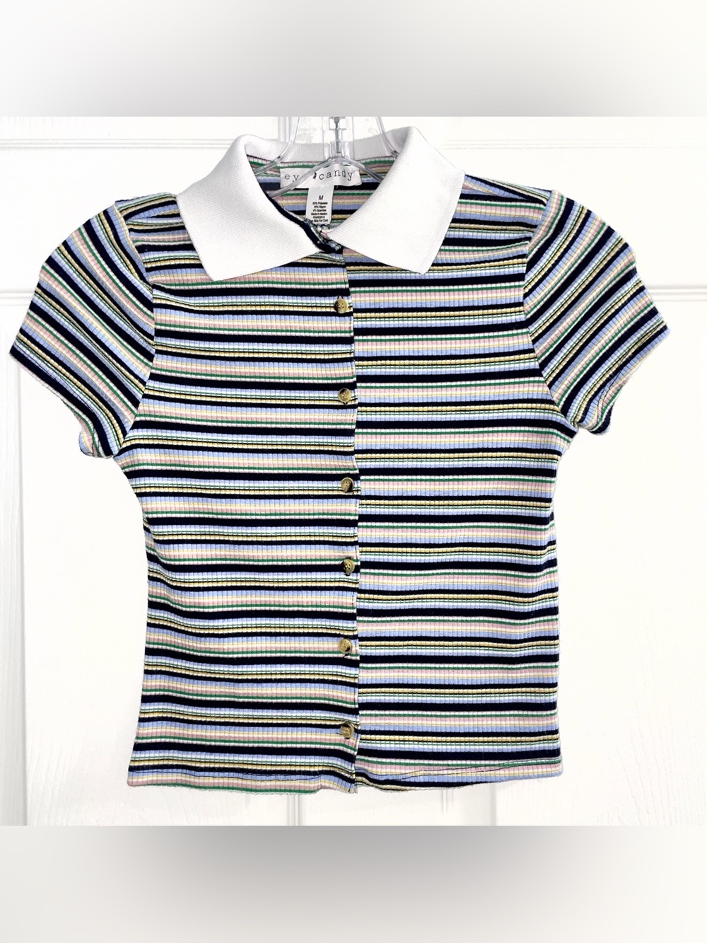 Eye Candy Button Down Striped Y2K Tee Medium